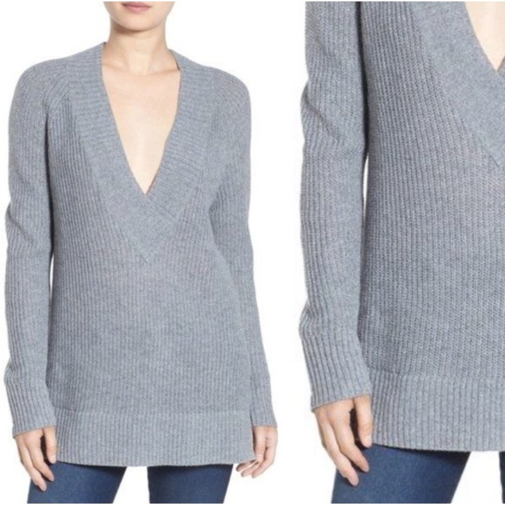 BP Deep V-Neck Ribbed Knit Tunic Sweater Womens XS Grey Long‎ Sleeve Pullover